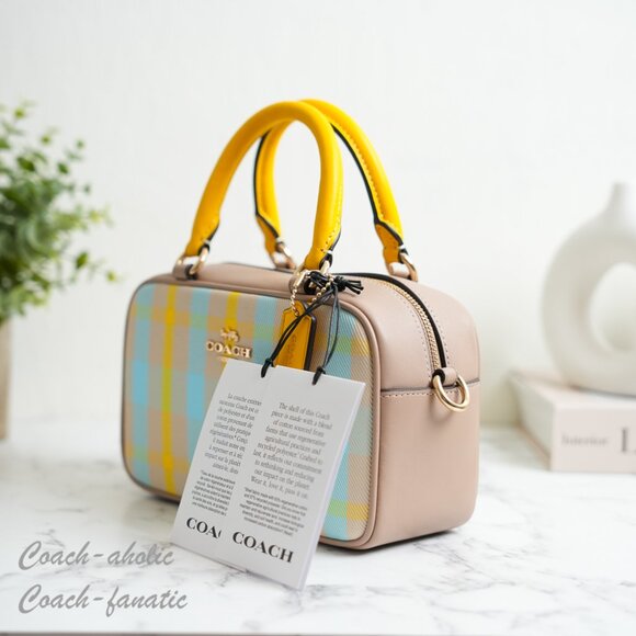NWT Coach CBI90  Satchel Crossbody Bag With Plaid Print in Bright Maize - Picture 6 of 12